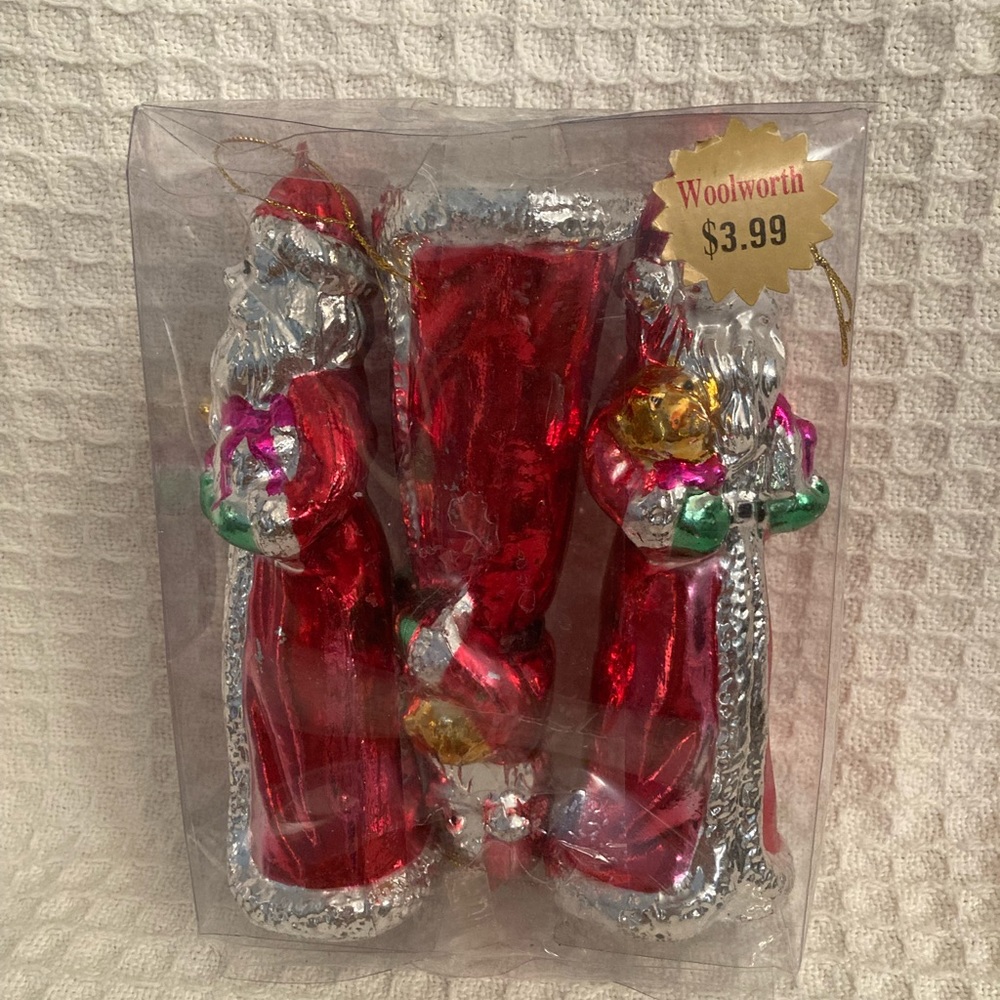 Vintage Hard Plastic Santa Ornaments (3) In Original Woolworth Package Thailand